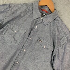 SIMMS No-Tellum Shirt Men's Medium Gray Short Sleeve Pearl Snap Fishing Western